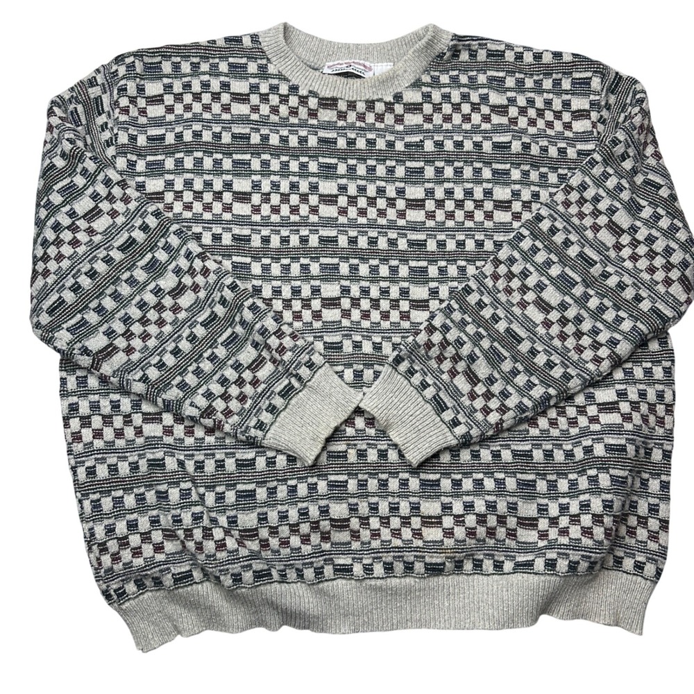 Boca Classics Mens XXL Grey Geometric Textured Knit Crewneck Sweater Made in USA